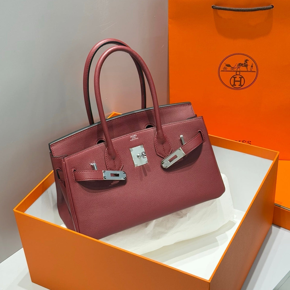 HERMES 25S SHOULDER BIRKIN 29 IN BURNT RED CALFSKIN SILVER HARDWARE