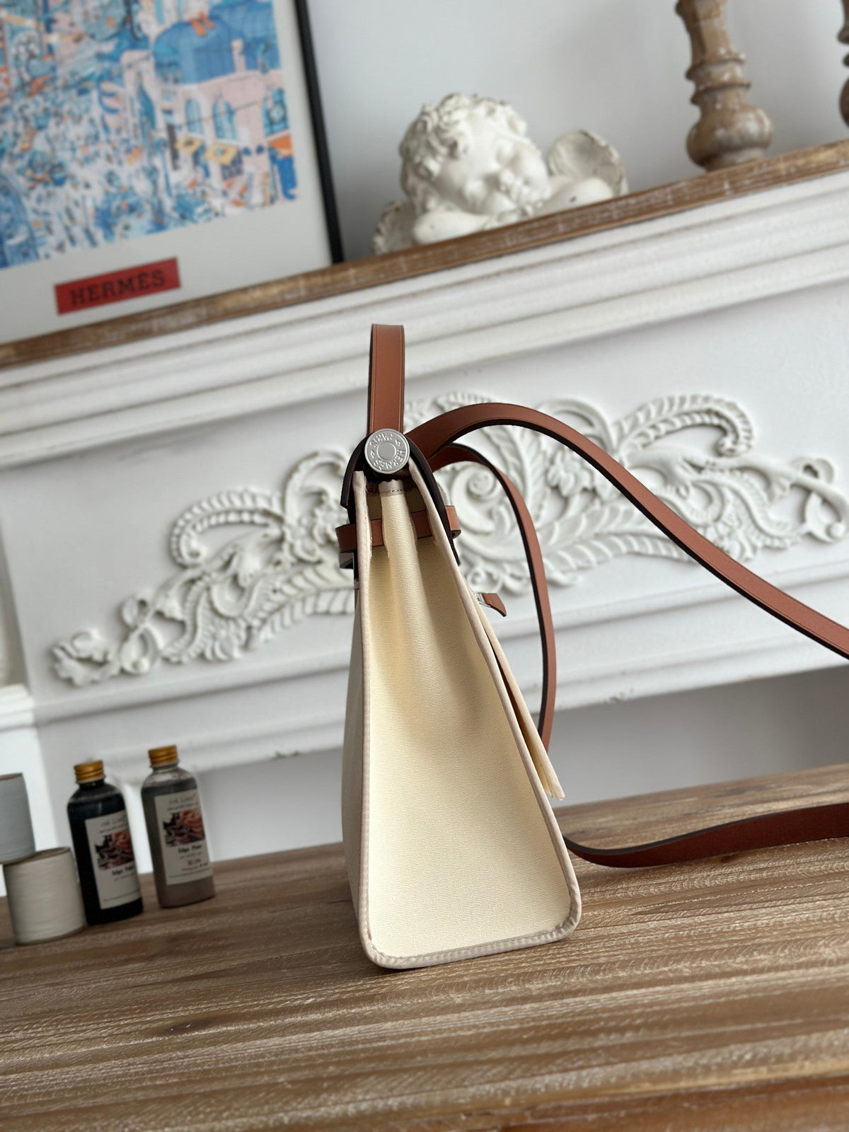 ZIP CABINE 31 BAG IN WHITE CREAM CANVAS AND BRONZE BROWN CALFSKIN