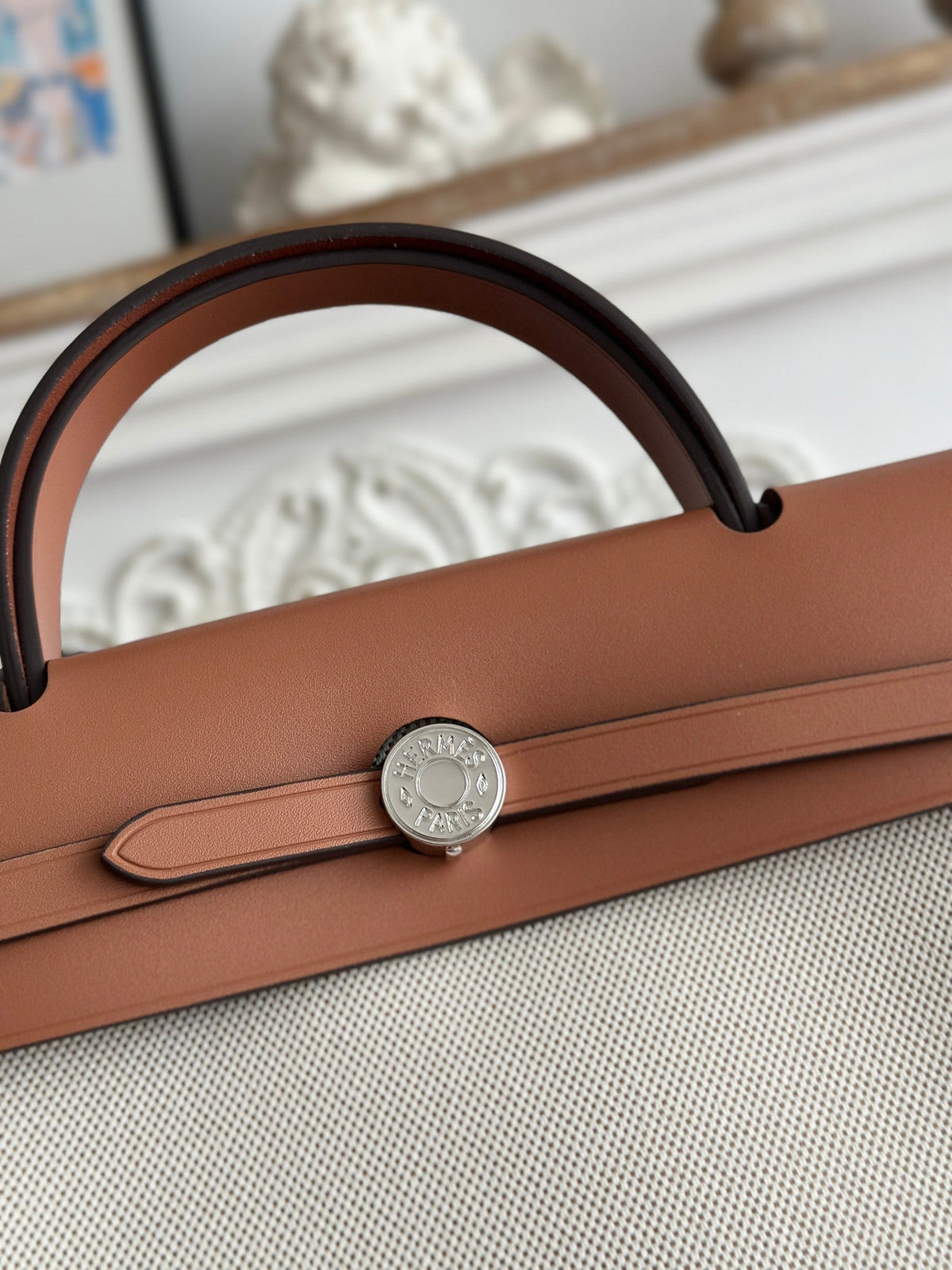 ZIP CABINE 31 BAG IN PALE GRAY CANVAS AND BRONZE BROWN CALFSKIN