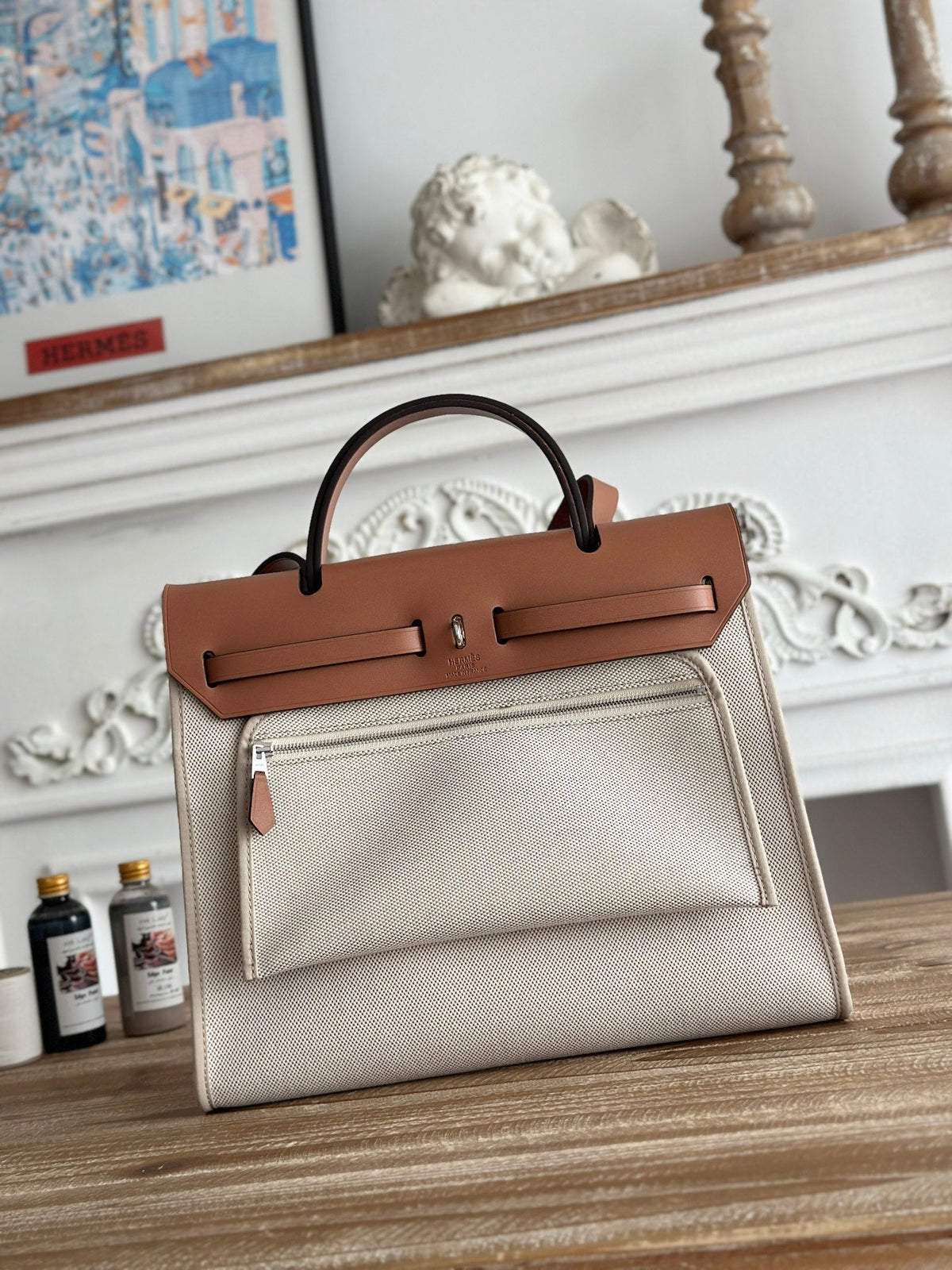 ZIP CABINE 31 BAG IN PALE GRAY CANVAS AND BRONZE BROWN CALFSKIN
