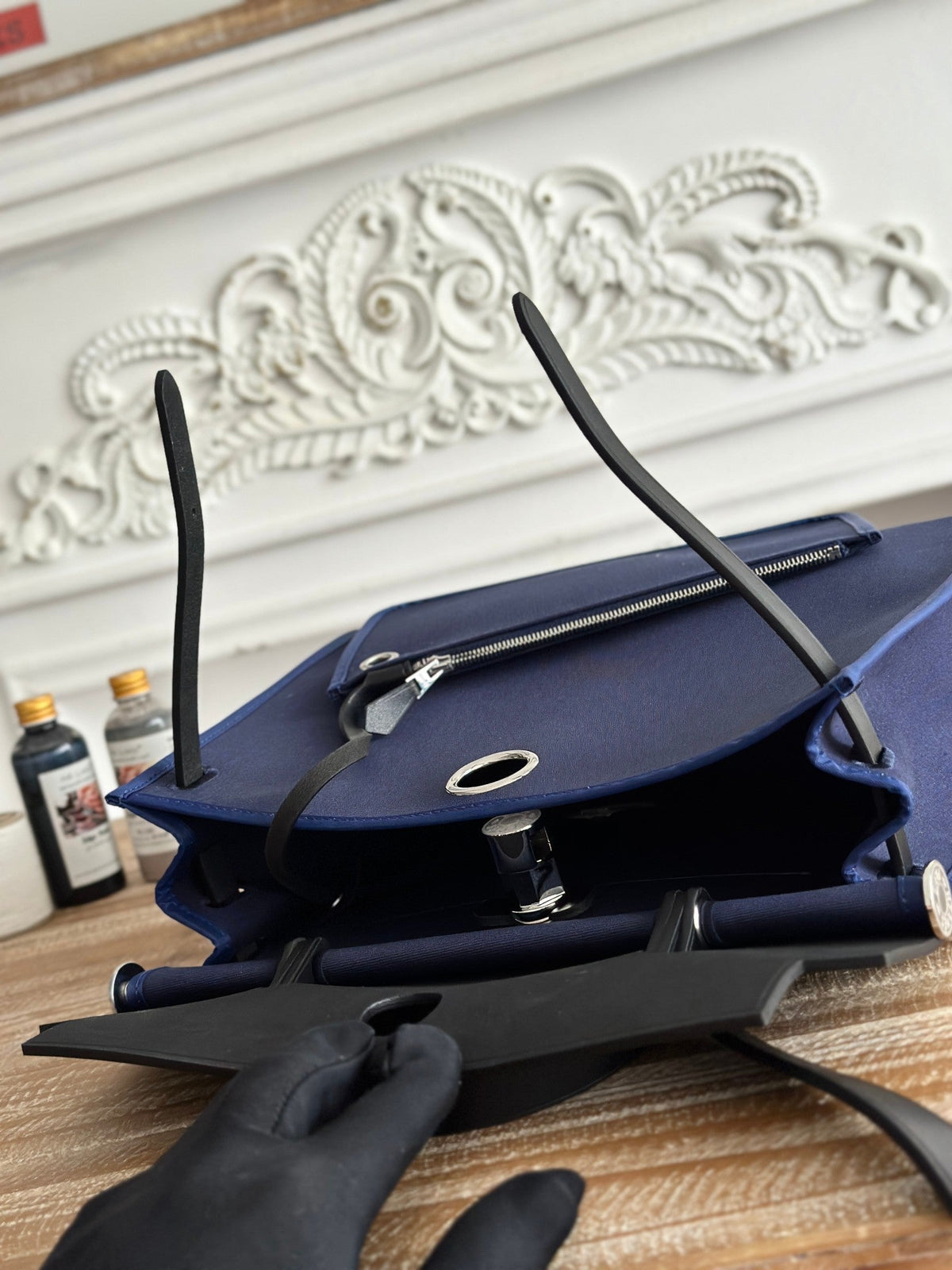 ZIP CABINE 31 BAG IN NAVY BLUE CANVAS AND BLACK CALFSKIN