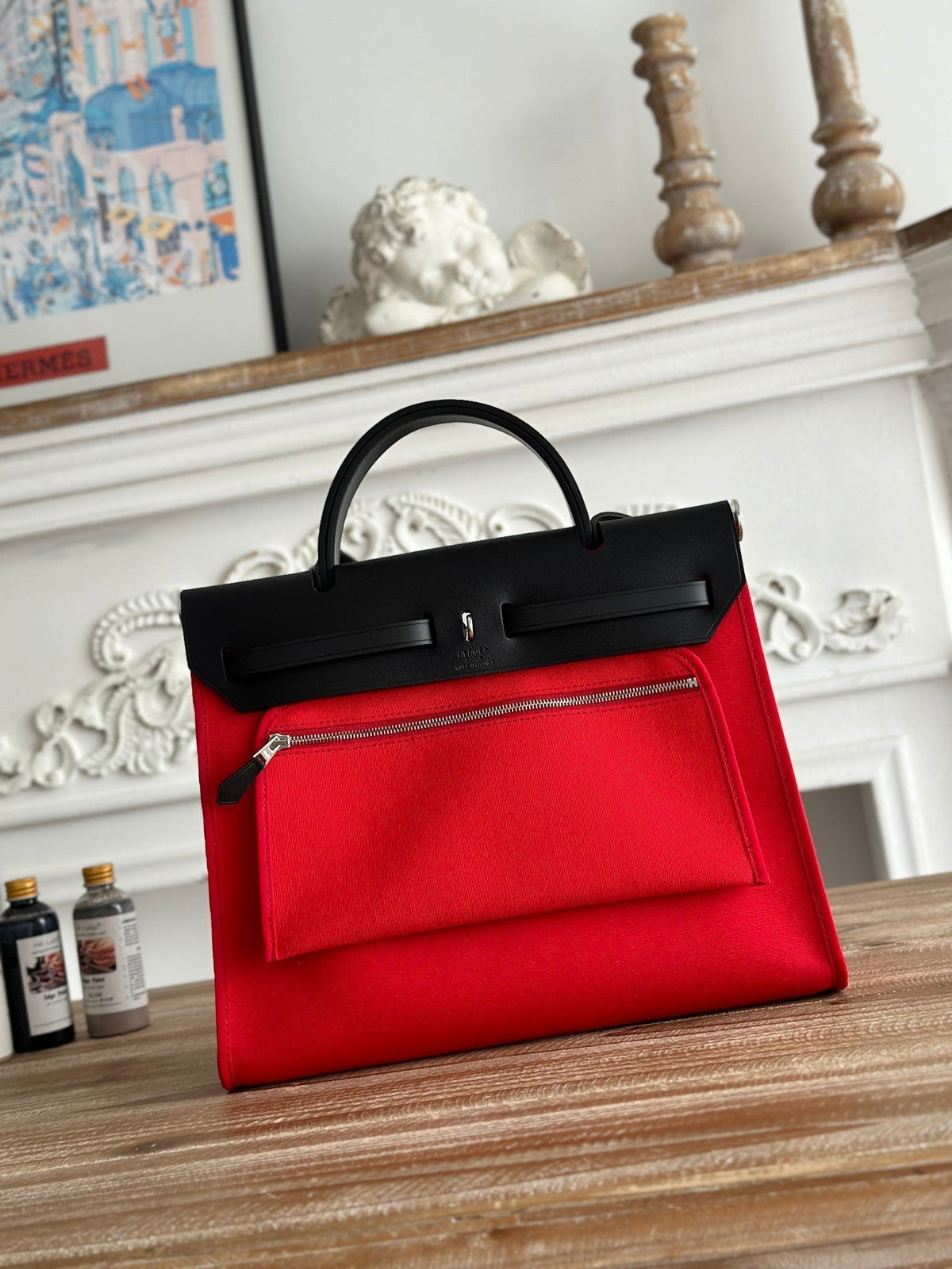 ZIP CABINE 31 BAG IN CLASSIC RED CANVAS AND BLACK CALFSKIN