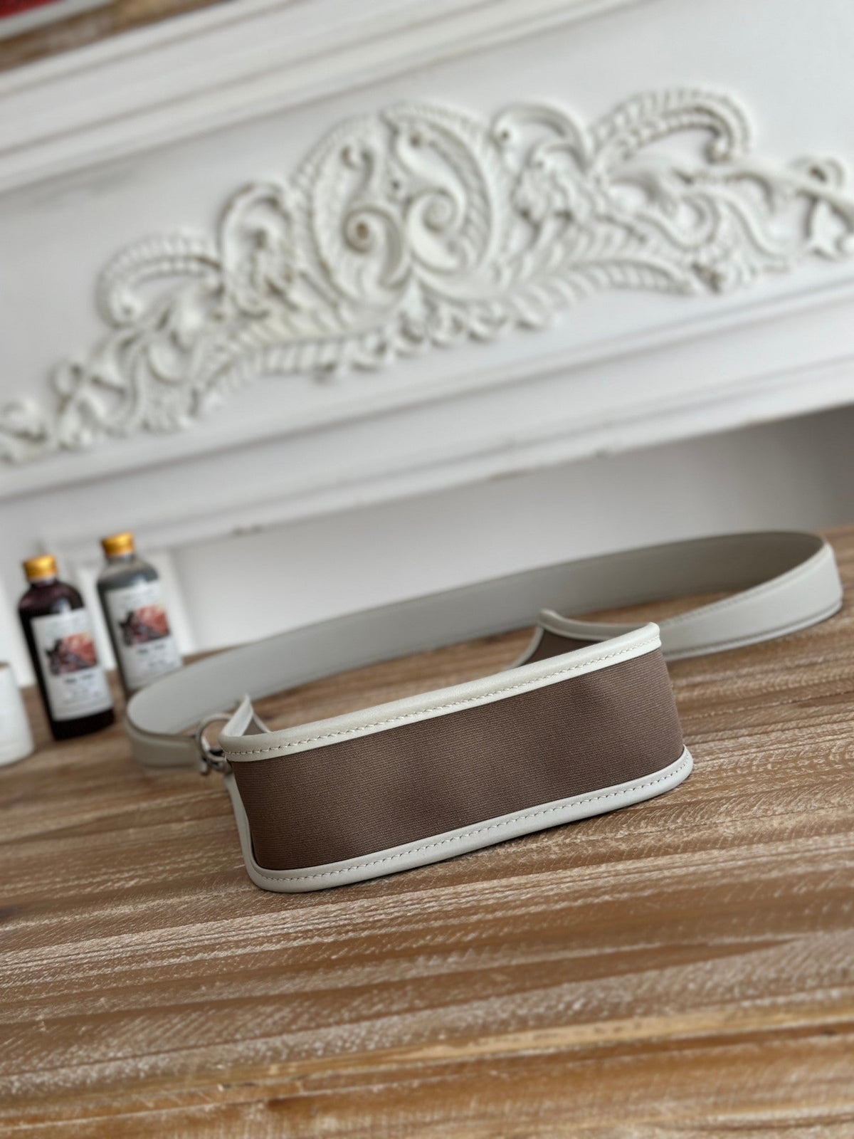 MINI NEO 17 EVELYNE BAG IN WENGE BROWN CANVAS AND WHITE CALFSKIN