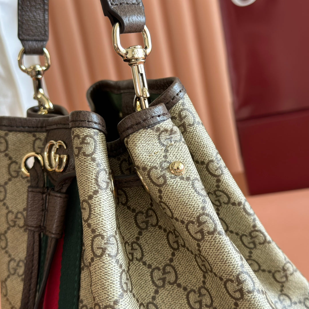 GUCCI 25S OPHIDIA SMALL BUCKET BAG 22 IN BEIGE CANVAS AND BROWN CALFSKIN