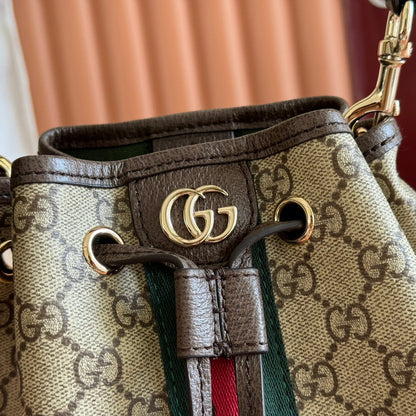 GUCCI 25S OPHIDIA SMALL BUCKET BAG 22 IN BEIGE CANVAS AND BROWN CALFSKIN