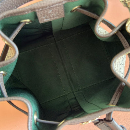 GUCCI 25S OPHIDIA SMALL BUCKET BAG 22 IN BEIGE CANVAS AND BROWN CALFSKIN