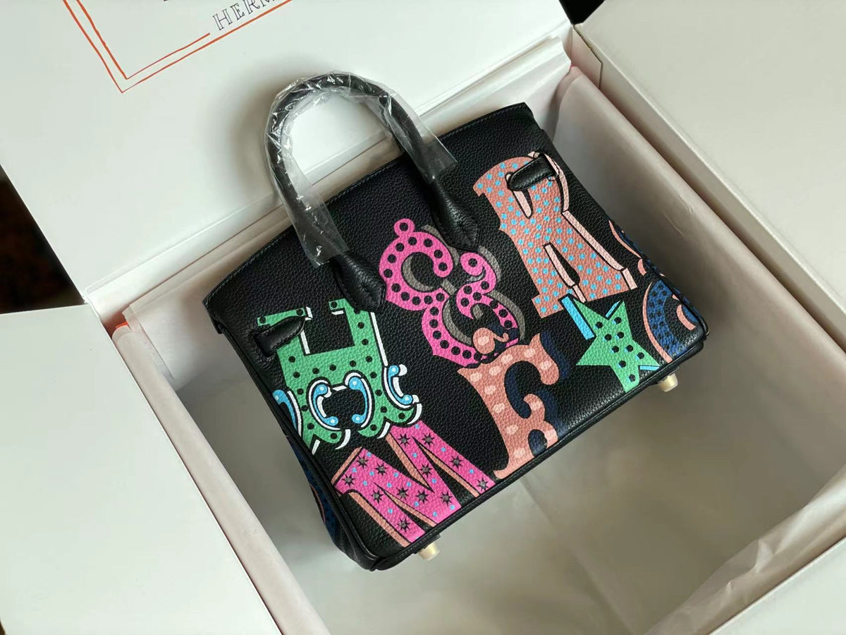 BIRKIN 25 BAG IN BLACK CALFSKIN WITH COLORFUL STICKER (MADE-TO-ODER)