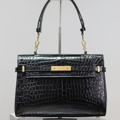 MANHATTAN HANDBAG 32 IN BLACK CROCODILE-EMBOSSED CALFSKIN GOLD HARDWARE