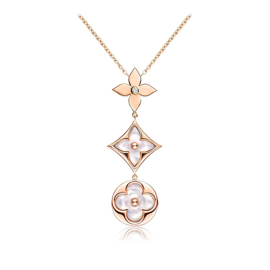[Liorra]COLOR BLOSSOM LARIAT NECKLACE PINK GOLD WHITE MOTHER PEARL AND DIAMOND