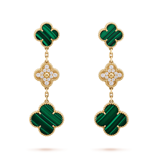 [Liorra]CLOVER EARRINGS GOLD MALACHITE DIAMOND 3 MOTIF